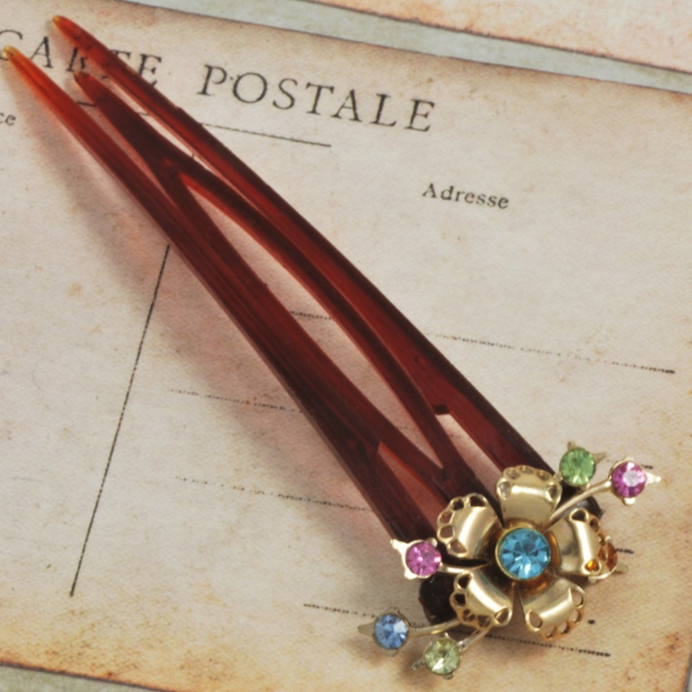 Vintage Gold and Brown Hair Accessory with Colorful Gems